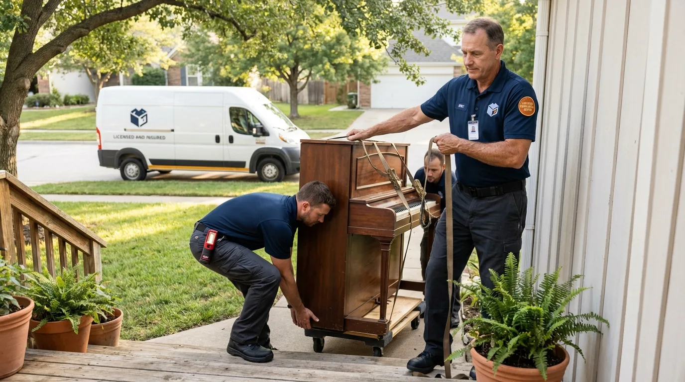 Licensed piano movers securing grand piano in Freeport, PA