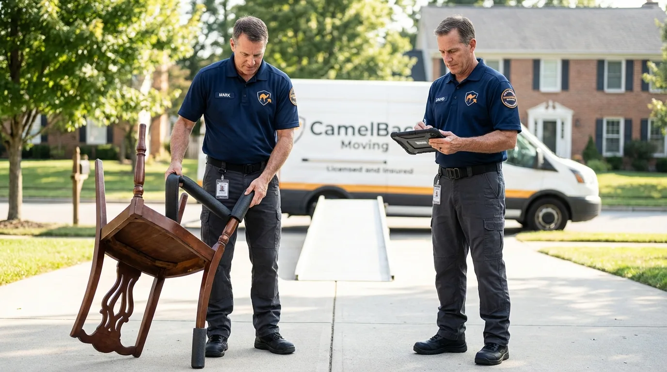 Movers inspecting furniture for damage prevention before loading in Freeport, PA