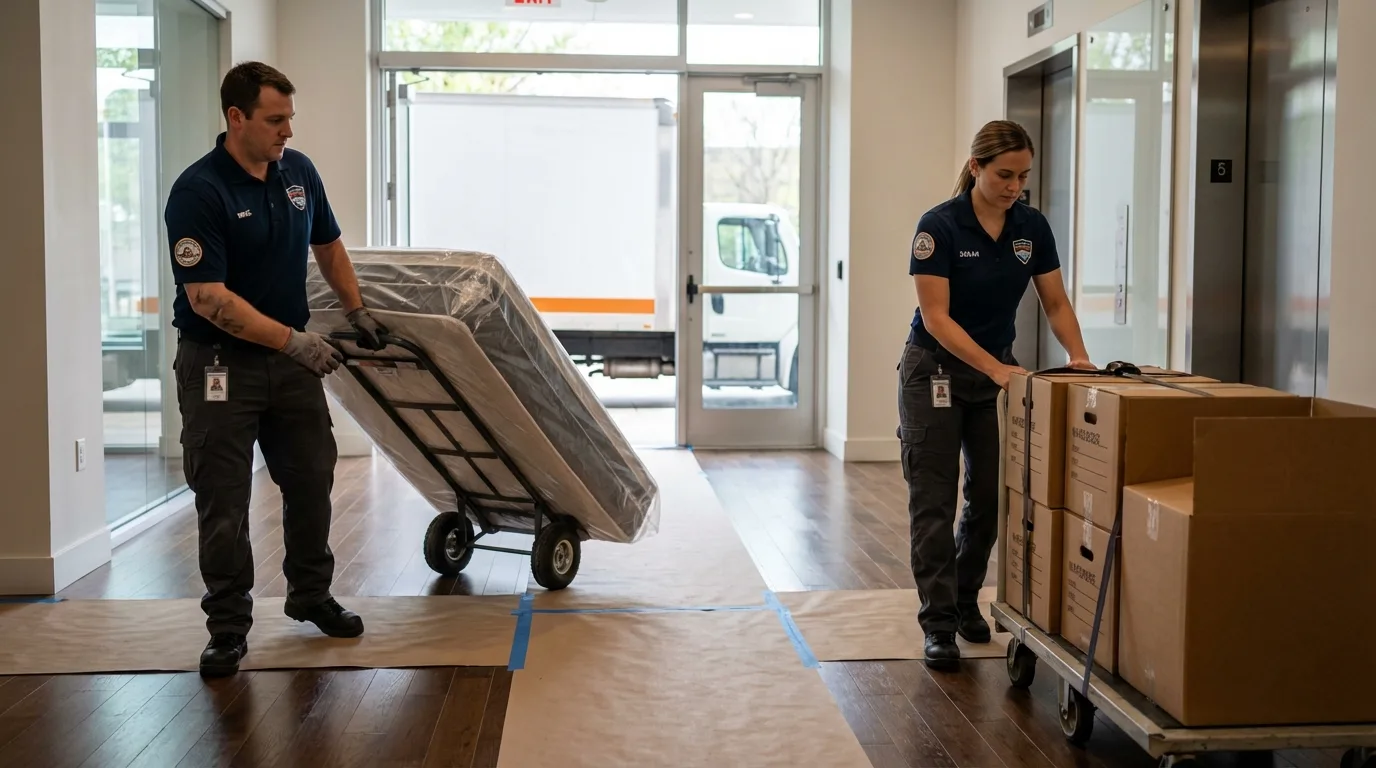 Professional apartment movers loading elevator in Freeport, PA